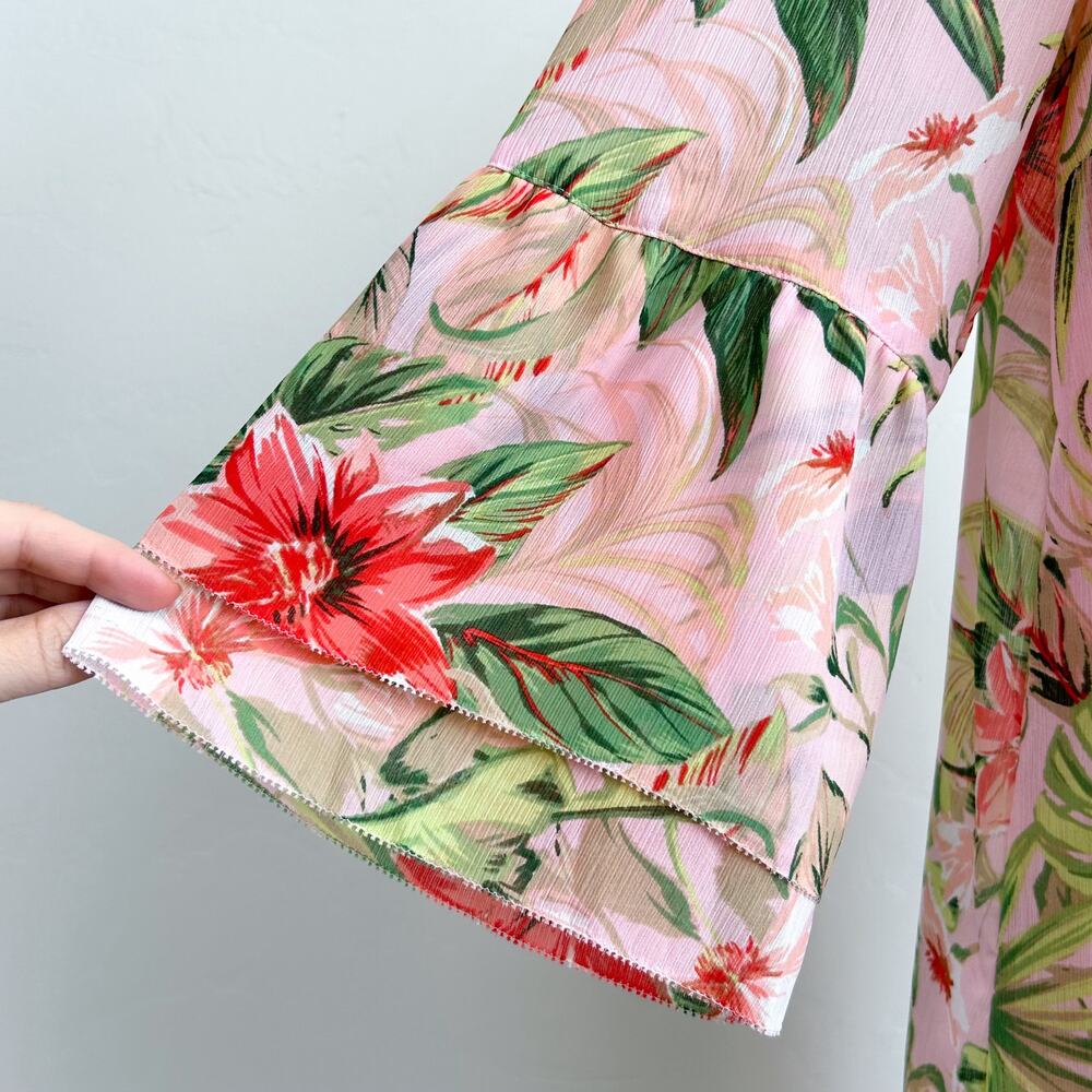 J. Jill Tropical Paradise Floral Pink Bell Sleeve Crinkle Crepe Tunic Blouse NWT - Picture 6 of 10